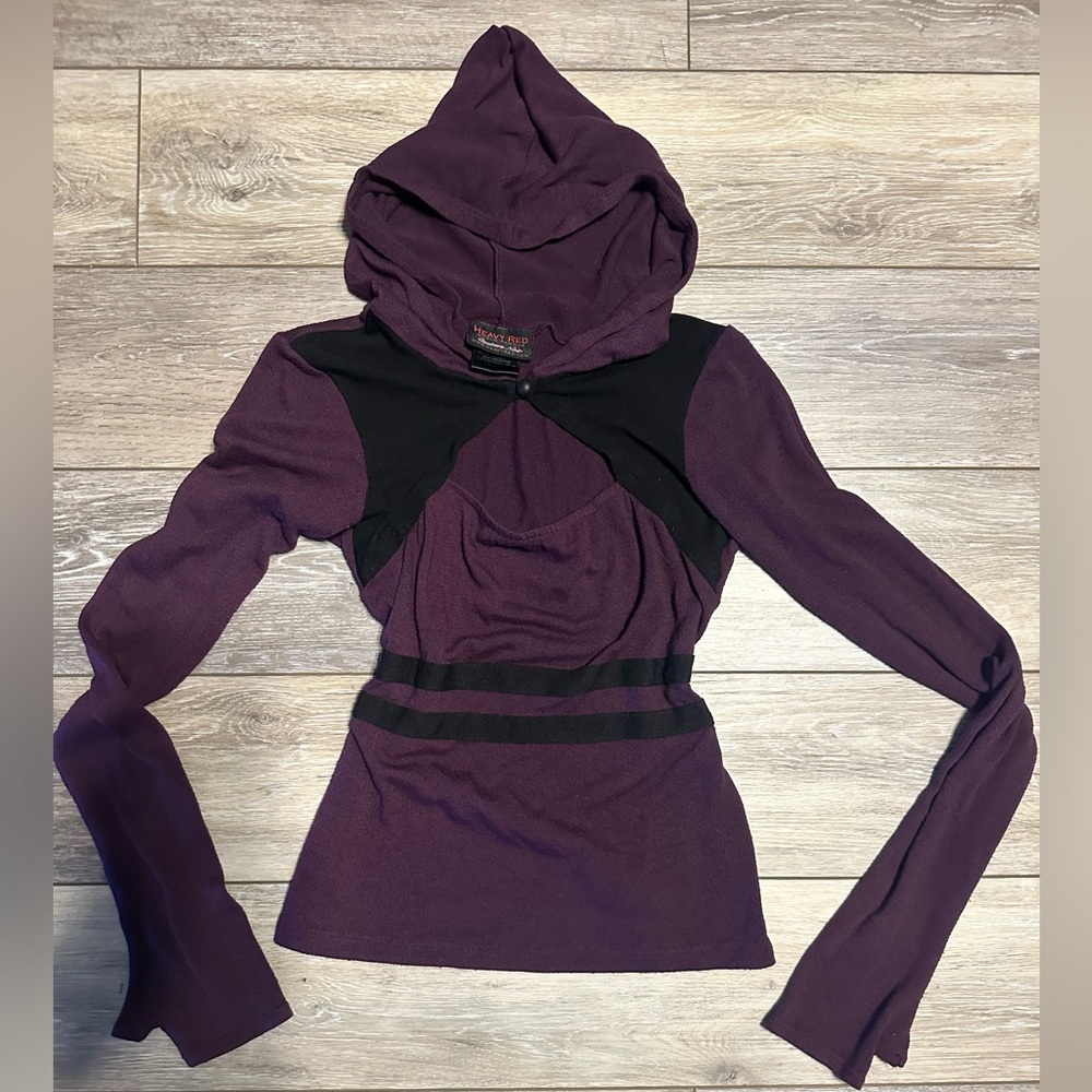 Heavy Red Purple and Black Hooded Long Sleeve Shirt with Thumb Holes size Small